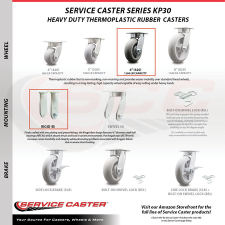 Service Caster 6 Inch SS Thermoplastic Rubber Caster Set with Roller Bearing 2 Swivel 2 Rigid SCC-SS30S620-TPRRD-2-R-2